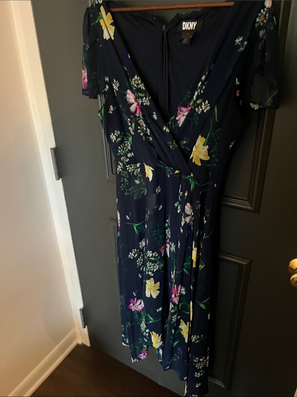 DKNY Navy Floral Midi Wrap Dress with Yellow & Pink Blooms